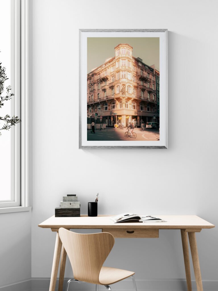 Einrahmen-Wandbild einer Straßenszene mit optischer Tiefe zur Wandgestaltung in einem kleinen Büroraum.